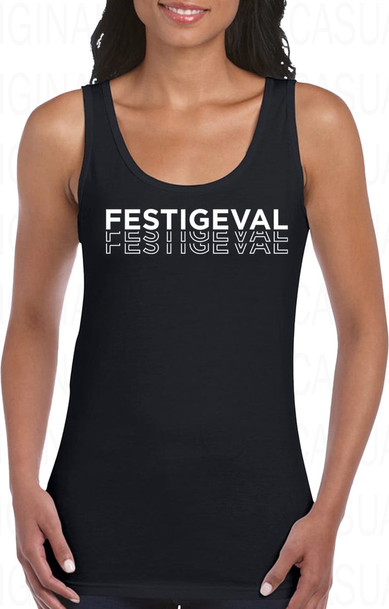 FESTIGEVAL dames tanktop - Zwart met wit - Maat L - Medium Fit - Dameshemd - Mouwloos - Ronde hals - Grappige teksten - Leuke tanktop | hemd - Humor - Original Kwoots - Festival - Party Animal